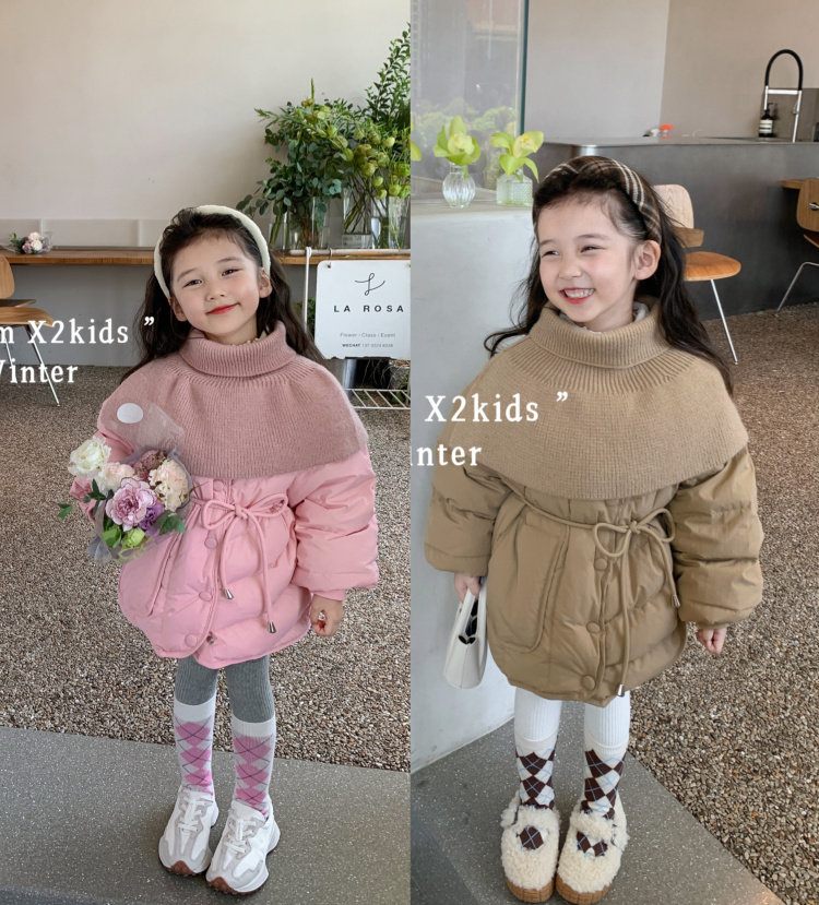 韩国童装冬季新款女童白鸭绒羽绒服披肩毛衣收腰中长款外套潮