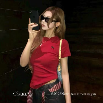 简约百搭小马图案刺绣短袖T恤女