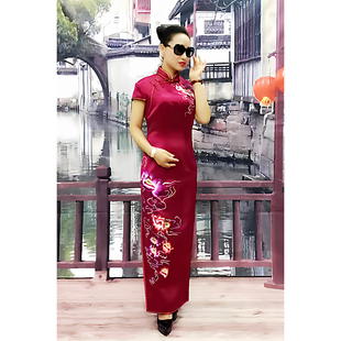 婚礼主角旗袍桑蚕丝酒红长款喜庆连衣裙礼仪主持晚礼服实体店同款