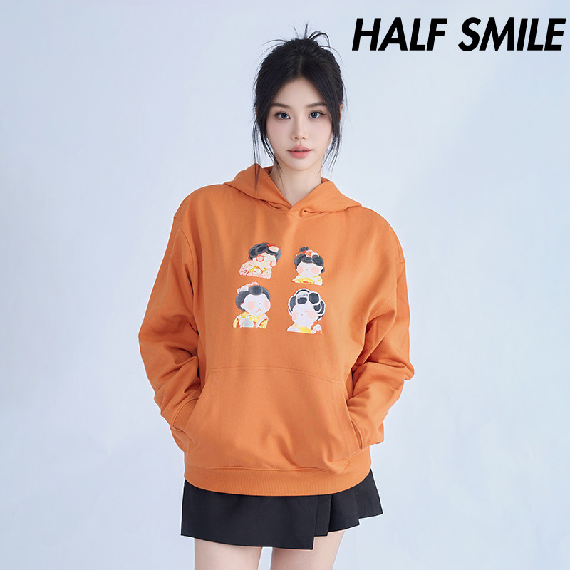 半个微笑男女同款HALFSMILE《唐朝侍女》秋冬时尚脏脏橘连帽卫衣