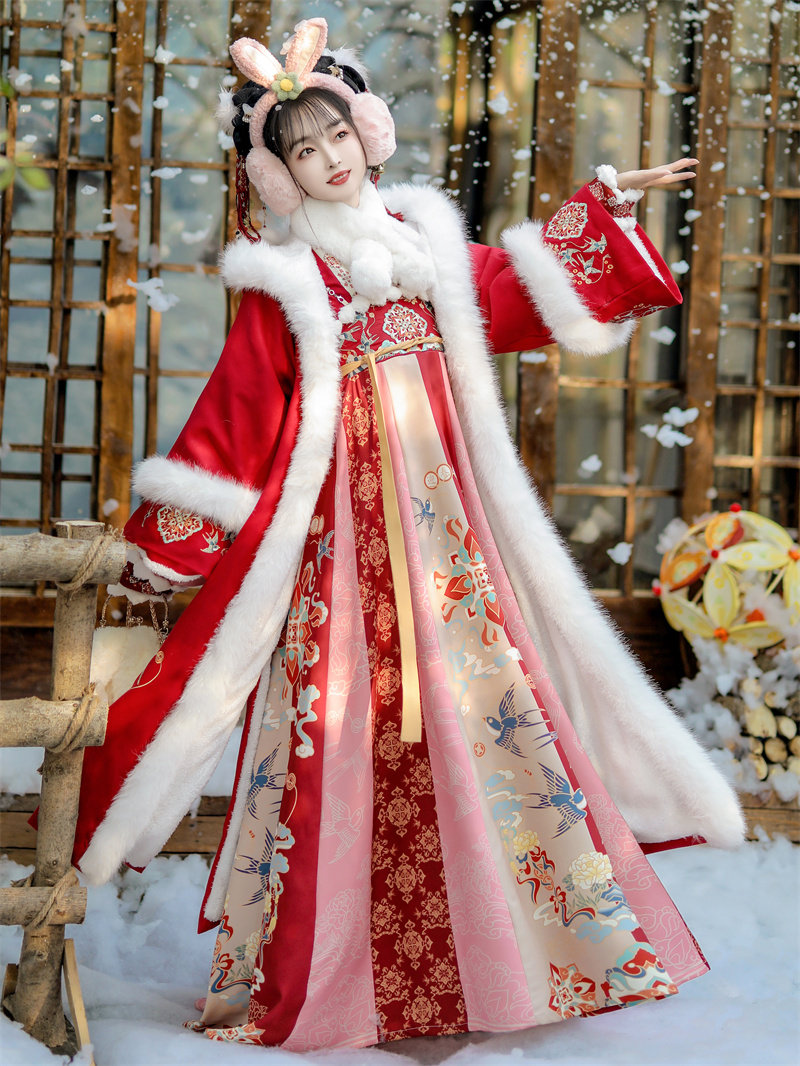 (喜燕迎春)汉服女冬季拜年服加厚国风斗篷吊带裙套装改良汉服女