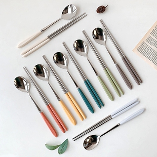 韩国代购进口筷子勺子套装马克龙拼色高级不锈钢18-10筷勺餐具