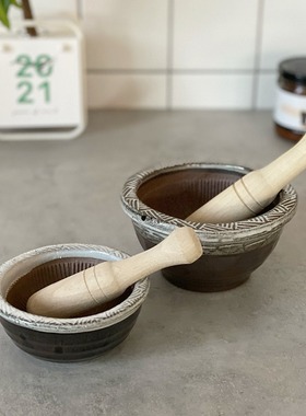 韩国代购陶瓷蘑泥碗 姜蒜捣泥神器宝宝辅食复古研磨碗手动捣蒜器