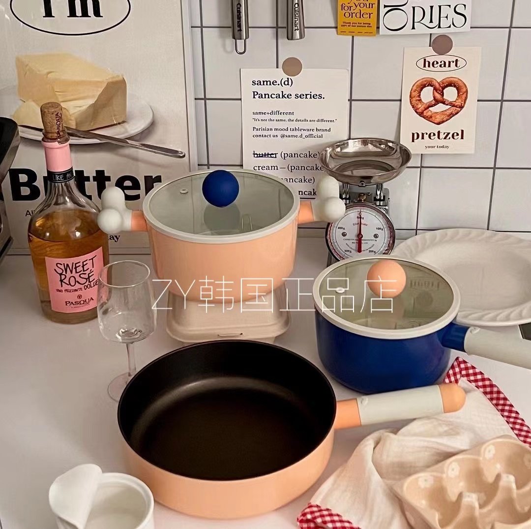 韩国代购可爱小奶锅煎煮一体锅不粘锅平底煎锅家用双耳汤锅泡面锅