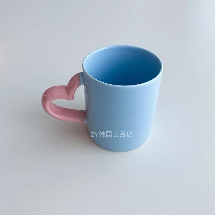 韩国代购创意ins撞色心形把手陶瓷马克杯水杯家用咖啡杯牛奶杯