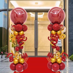 红色新年元旦节气球立柱氛围装饰布置美容院商场店铺气球路引地飘