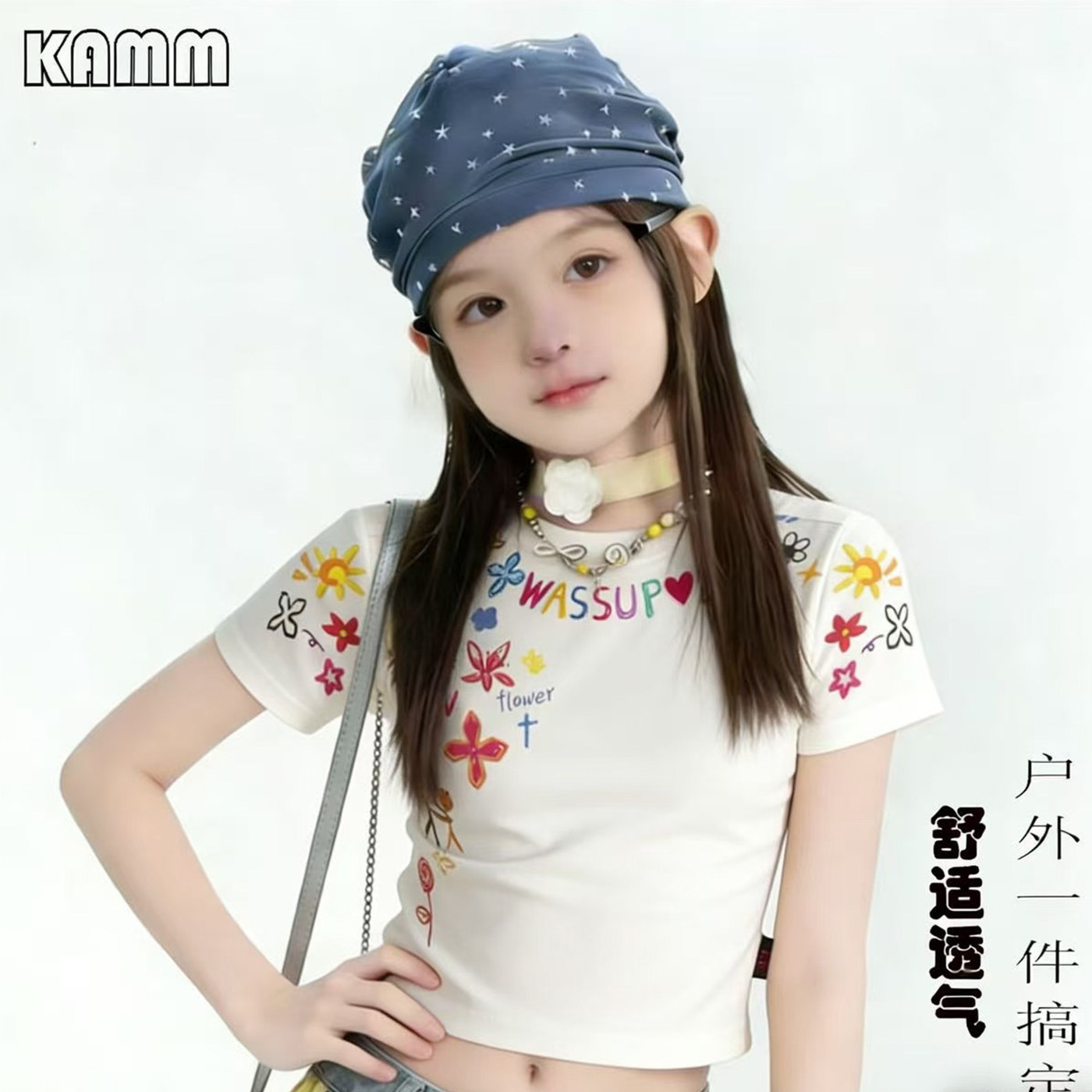 女童纯棉短袖t恤2026新款印花修身洋气涂鸦短款外穿女孩夏季上衣