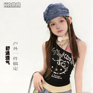 女童夏季吊带t恤新款卡通印花无袖斜肩设计感露肩背心中大童上衣