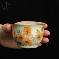 景德镇手工秘黄釉主人杯手绘釉下彩压手杯中式复古茶杯陶瓷品茗杯