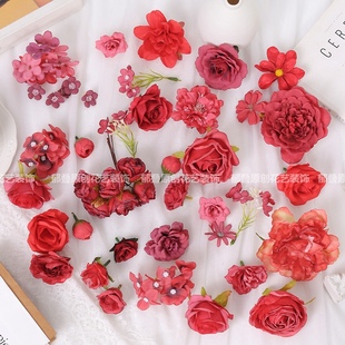 红色系仿真花朵 玫瑰花 绢花假花DIY手工汉服头饰痛包婚庆装饰花