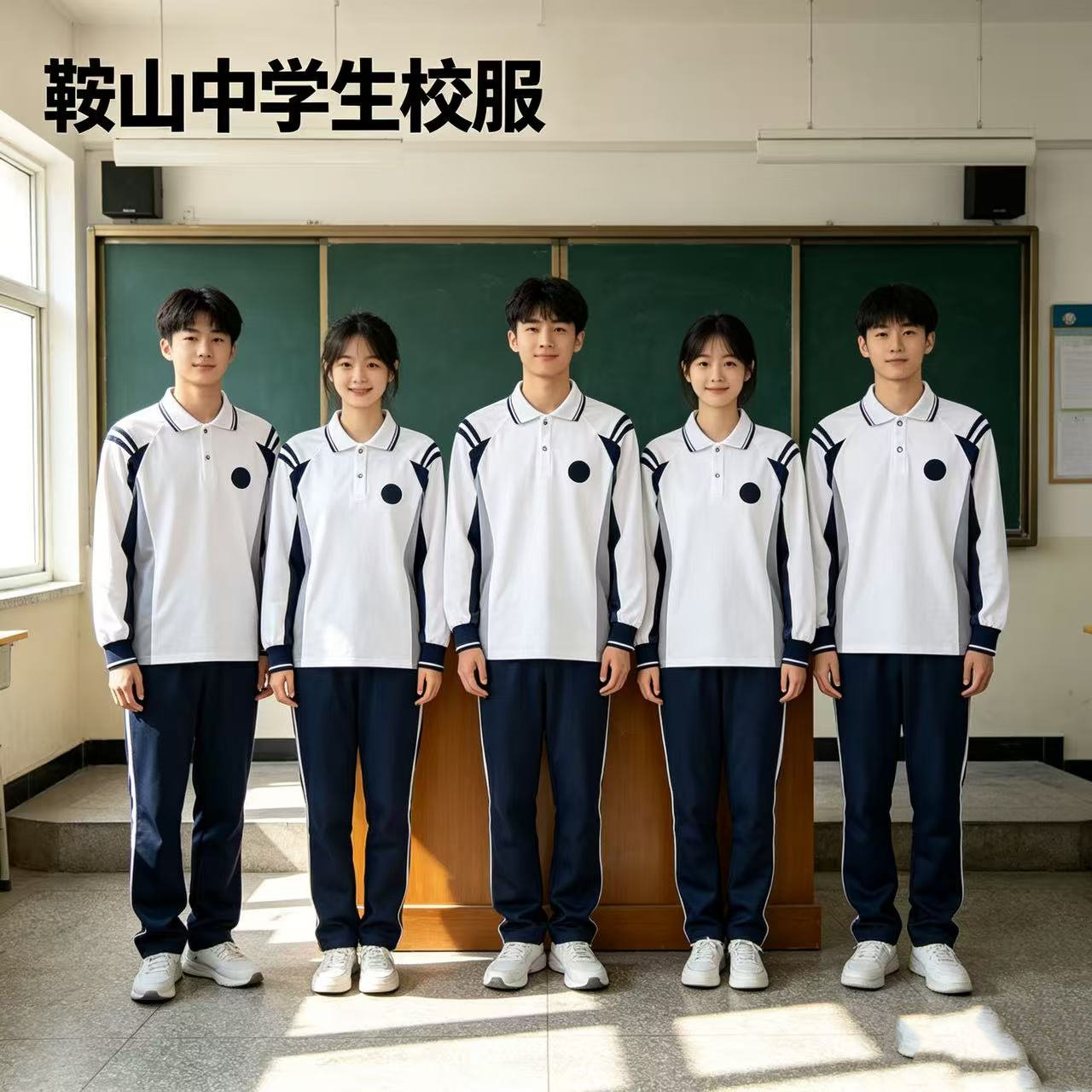 鞍山中学统一校服长袖男女学生长袖POLO衫白色拼接运动T恤校服