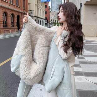 蓝色麂皮绒羊羔毛厚外套女冬2025新款巨好看加绒皮毛一体短款棉服