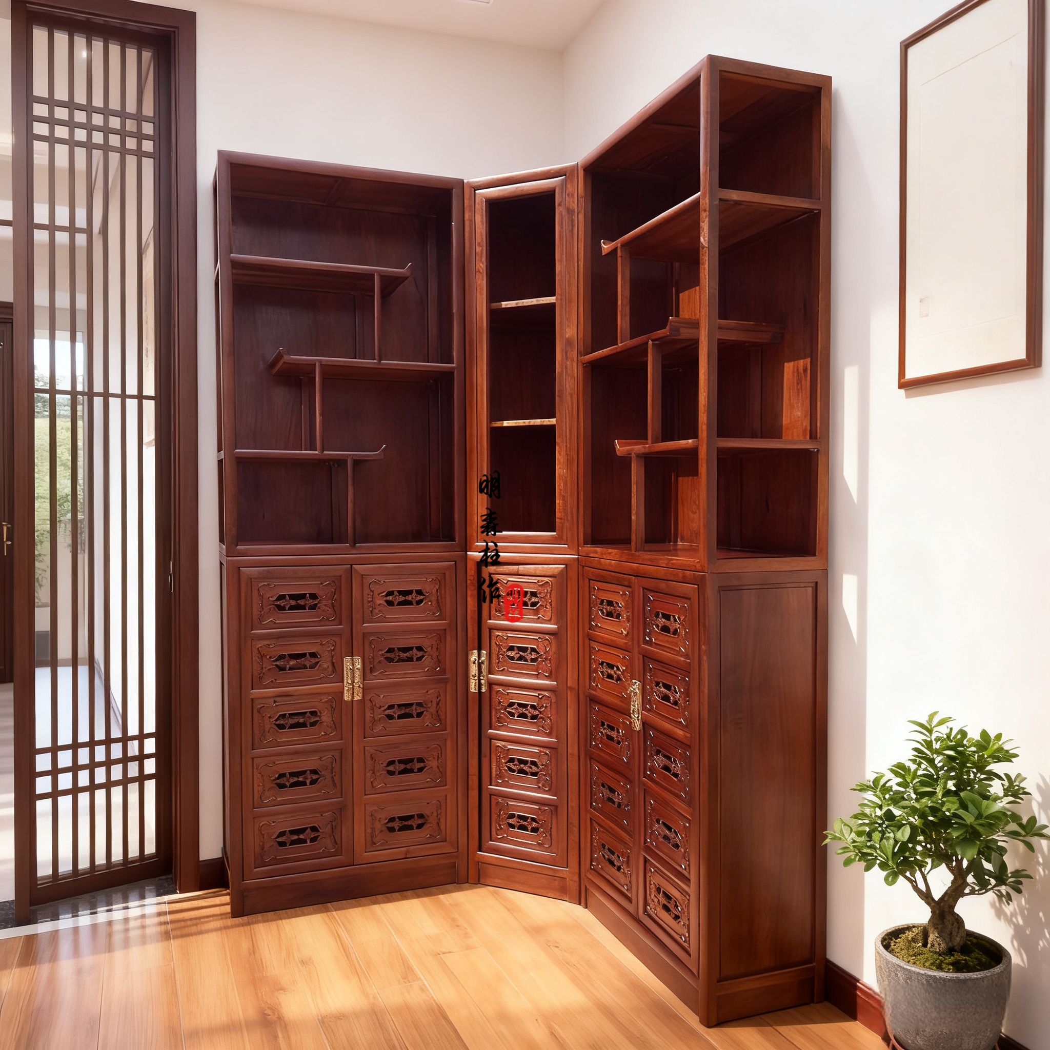 2025年新款红木家具新中式入户门口角柜收纳柜转角鞋柜储物柜一体