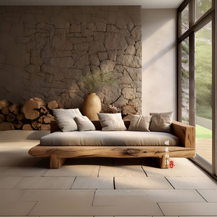 侘寂风中古家具客厅原木沙发老木中式榫卯结构老榆木民宿沙发定制