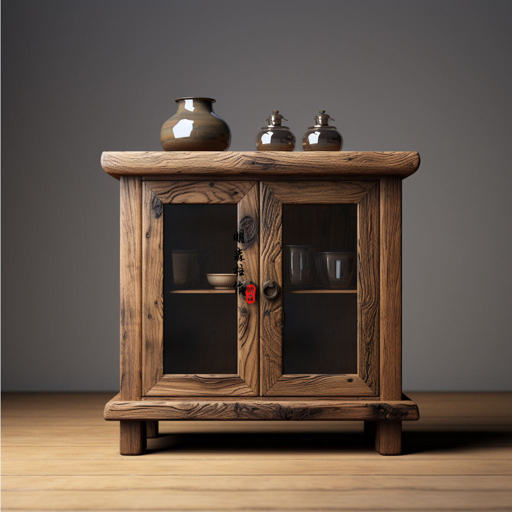 侘寂风实木茶水柜老榆木餐柜置物架移动烧茶柜一体茶台矮小柜子
