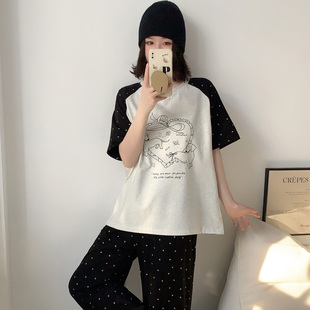 爱心蝴蝶结狗狗睡衣套装女夏季短袖长裤纯棉薄款卡通家居服可外穿