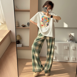 棉小闲夏季女晚安小熊卡通格子短袖长裤睡衣宽松家居服套装可外穿