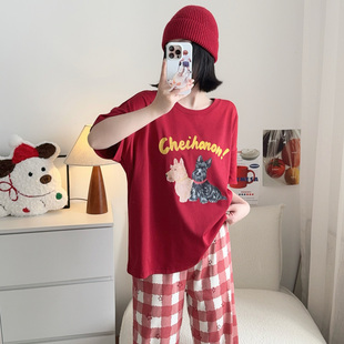 PINKWEO 卡通狗短袖长裤睡衣女夏宽松休闲纯棉格子红色家居服套装