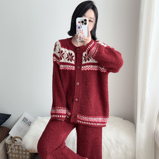 民族风雪花纹开衫半边绒睡衣套装本命年秋冬季加厚保暖家居服女款