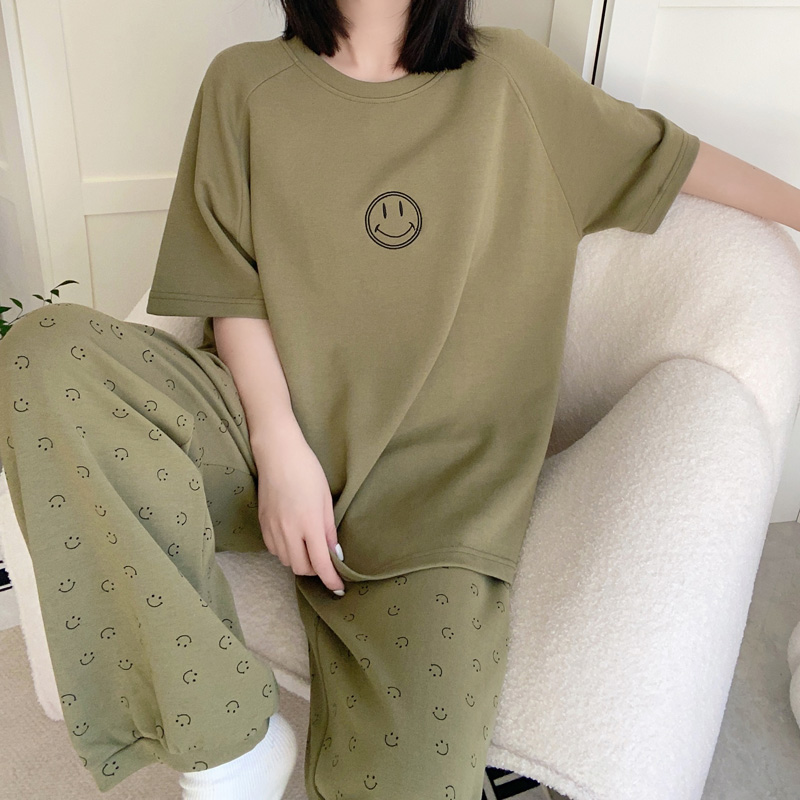 笑脸针织纯棉短袖睡衣套装女