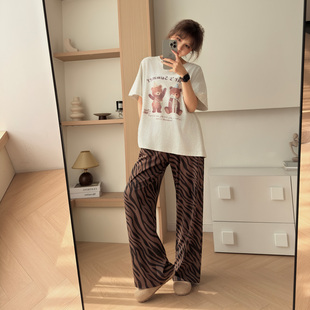 小熊短袖长裤女睡衣套装夏薄款斑马纹撞色搭配可外穿甜美风家居服