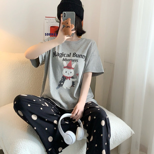 PINKWEO 卡通可爱兔睡衣女短袖长裤卷边波点休闲薄款夏家居服套装