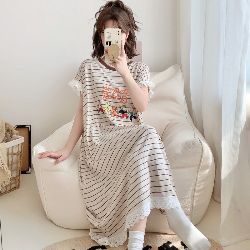 蕾丝花边短袖睡裙卡通可爱条纹纯棉女夏季宽松大码睡衣可外穿长裙