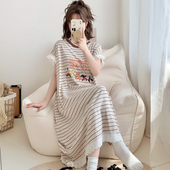 睡衣可外穿长裙 宽松大码 蕾丝花边短袖 睡裙卡通可爱条纹纯棉女夏季