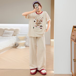 卡通条纹猫咪纯棉睡衣女花边短袖长裤套装宽松可外穿薄款家居服夏