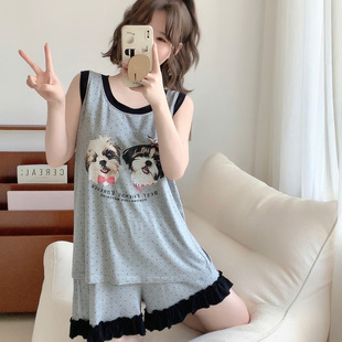 睡衣女夏套装 蕾丝花边卡通狗莫代尔背心短裤 圆点家居服 带胸垫