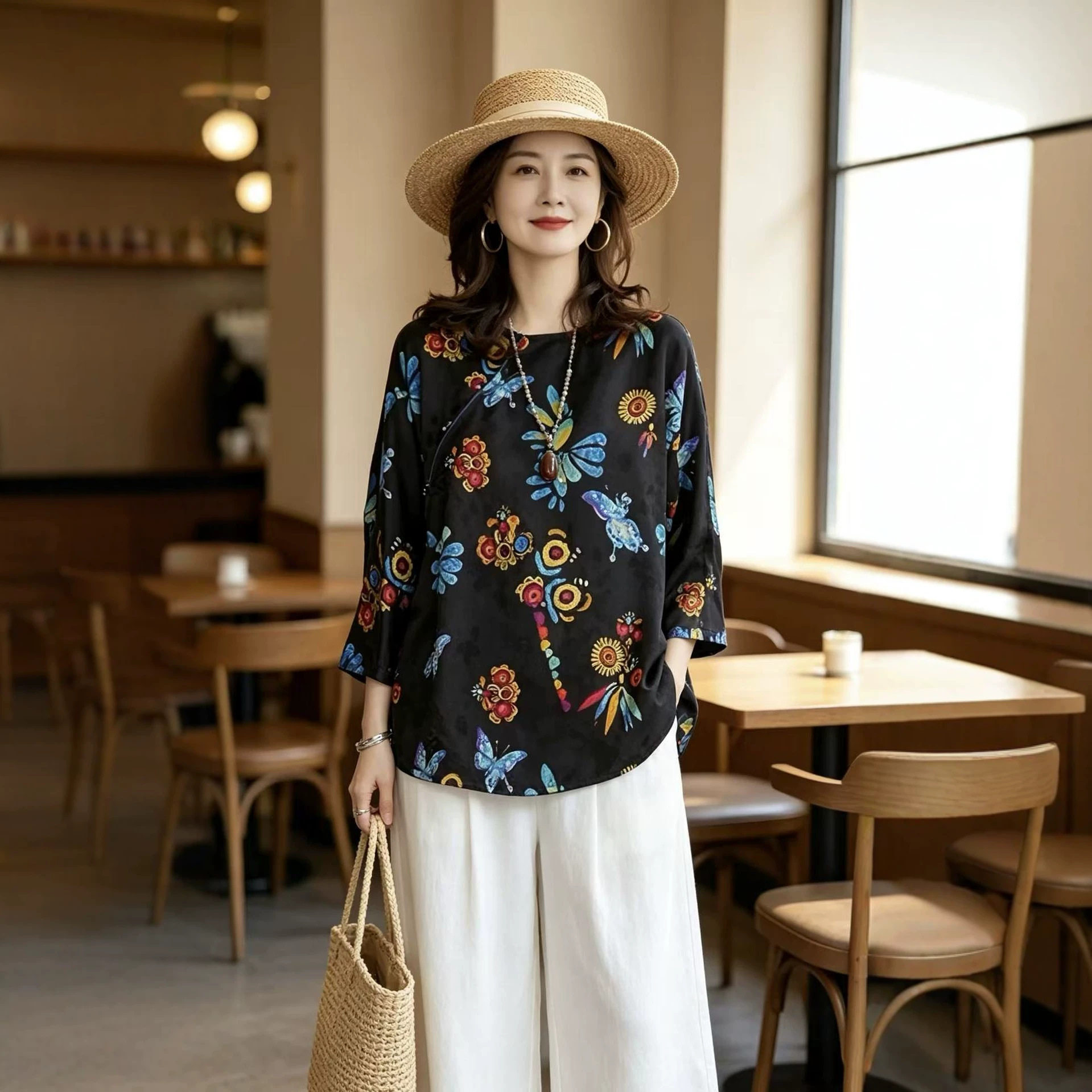 今年流行特惠新中式国风女装人丝香云纱斜襟七分袖太太服复古高级