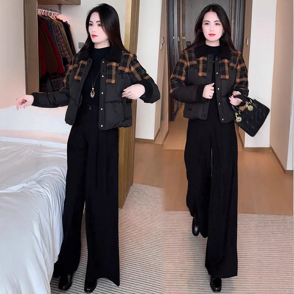今年流行特惠短款羽绒棉服女士冬季新款洋气小个子加厚格子拼接