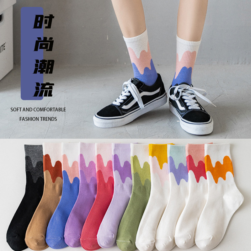 袜子女长筒袜ins潮百搭韩国夏季学生彩色中筒奶油拼接运动糖果色