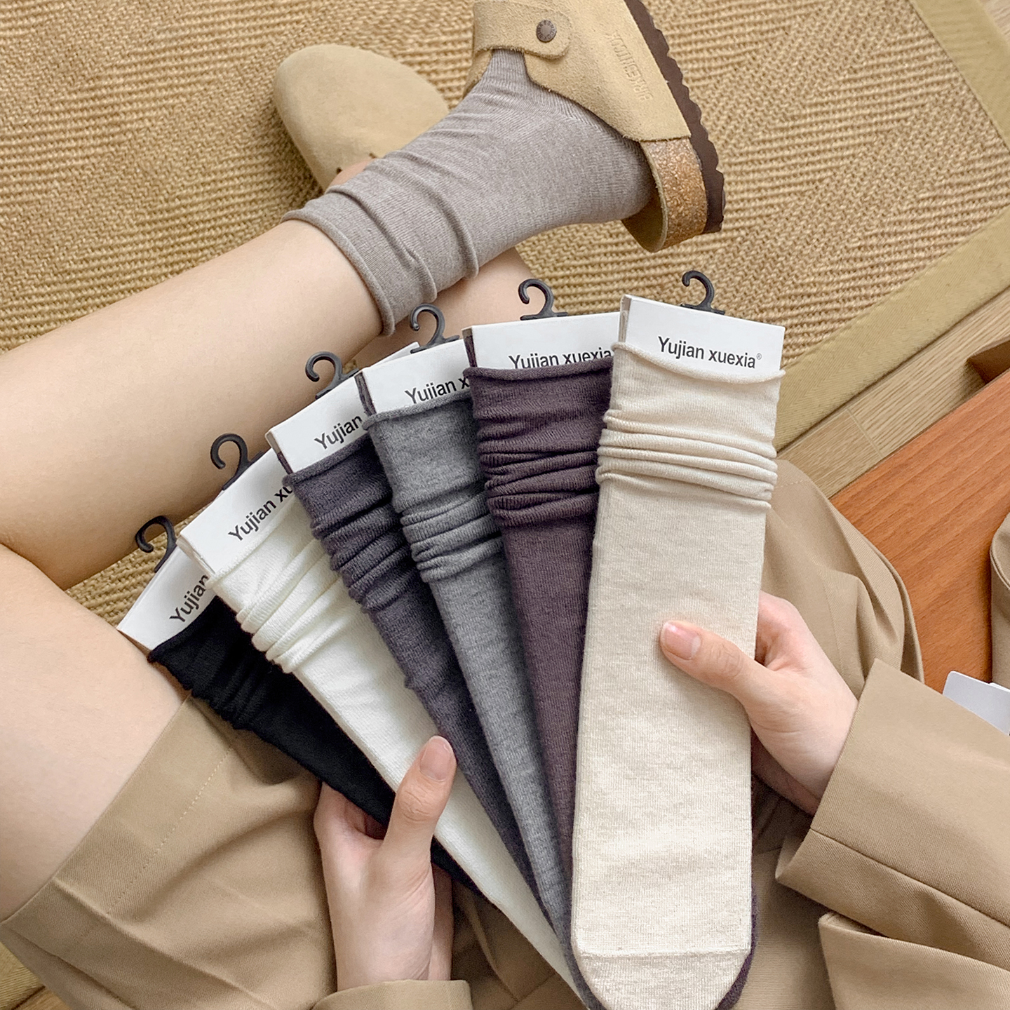 勃肯鞋搭配袜子女秋冬堆堆袜长筒纯色秋季中筒百搭学生卷边女款