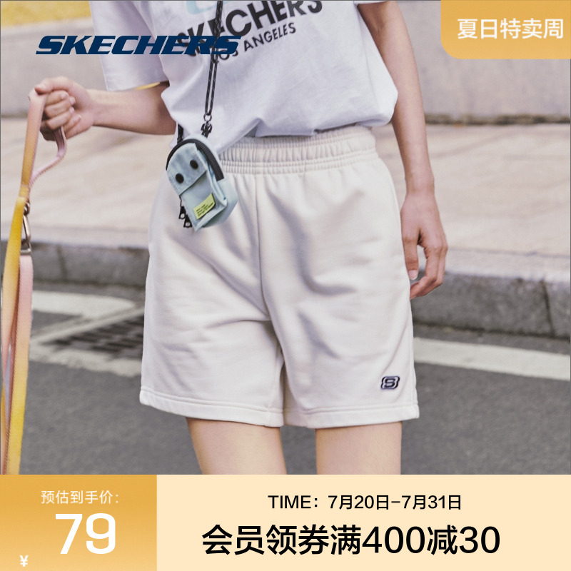 Skechers斯凯奇白色短裤男女同款宽松休闲运动裤纯色情侣针织裤子
