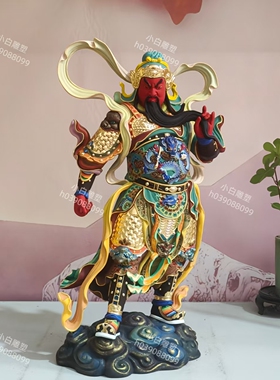 关公站像极彩纯铜雕珈蓝护法摆件