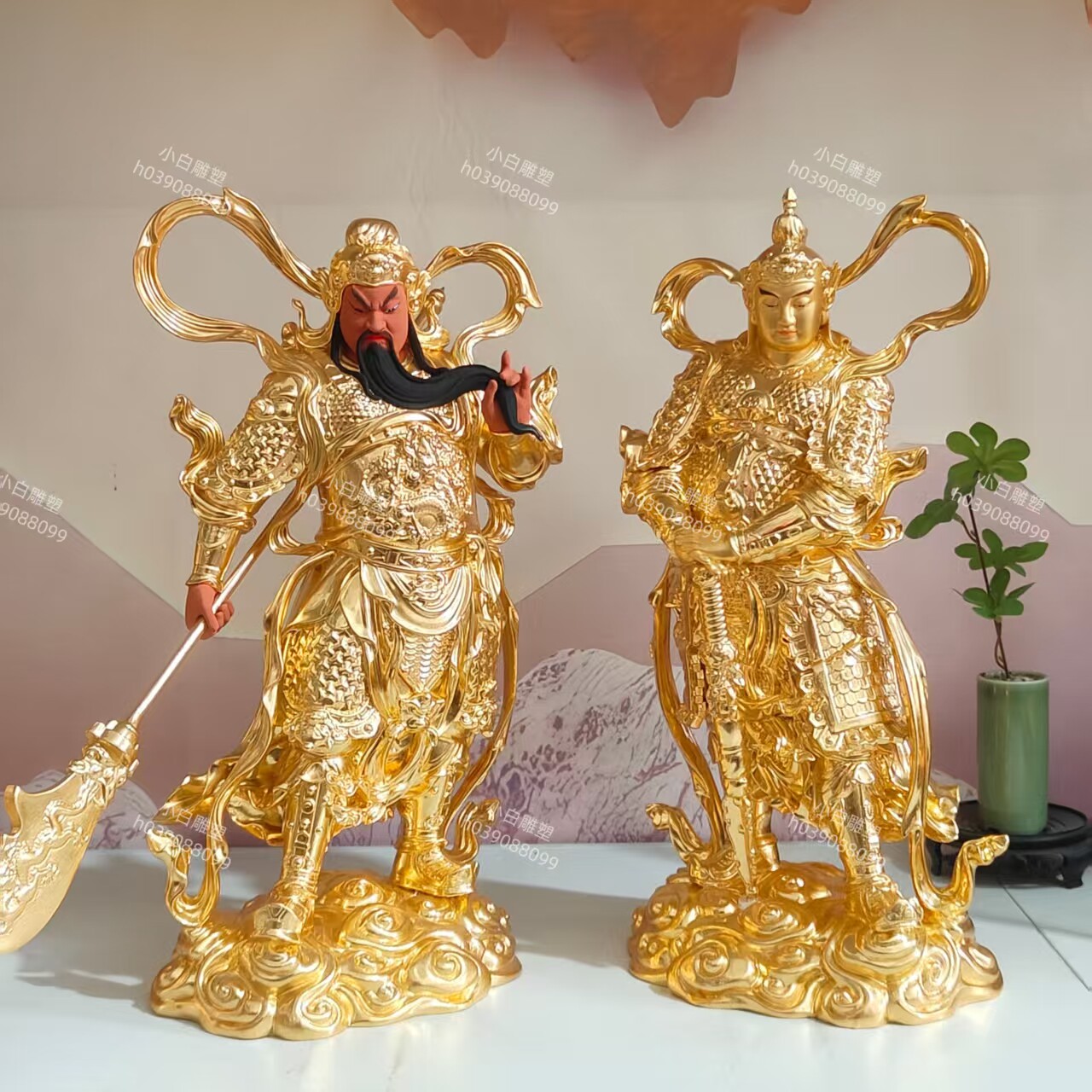 关公韦陀二护法纯铜 珈蓝韦驮精品铜雕贴金家居寺庙摆件佛像 工艺