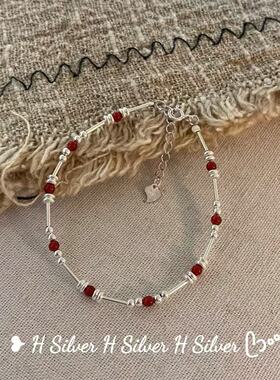 欢遇S925纯银小众新中式红玛瑙平安复古碎银手链女竹节国风手串