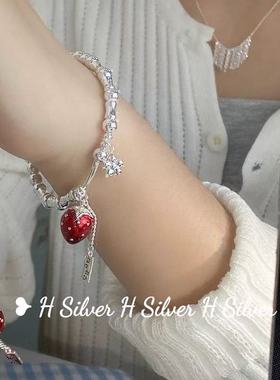 S925纯银红色滴釉草莓手链