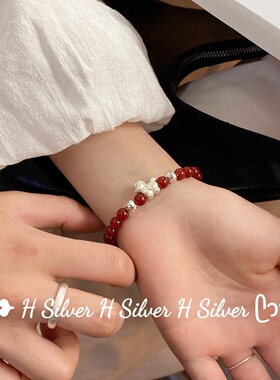 马踏红运天然玛瑙手串正品女款足银999马本命年红手绳手链叠戴