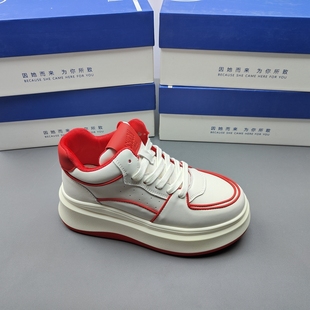 25新款撤柜尾货真皮女鞋增高厚底系带板鞋运动高帮红色圆头35.36