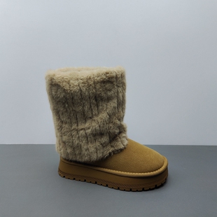2025冬季尾货处理新款真皮女棉靴韩版松糕底保暖加绒兔毛口雪地靴