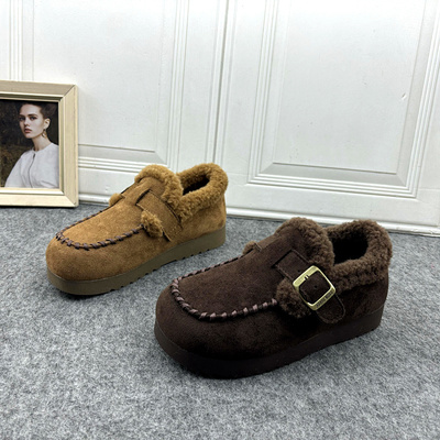 复古毛口乐福鞋女鞋保暖加绒厚底