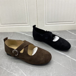 英伦风绒面马丽珍女搭扣平底舒适百搭单鞋2026新款勃肯鞋交叉带