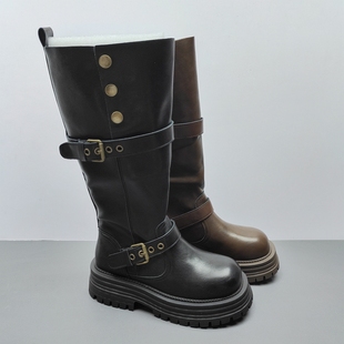 尾货高筒长靴女鞋 断码 复古皮带扣骑士靴 加棉保暖新款 25秋冬季