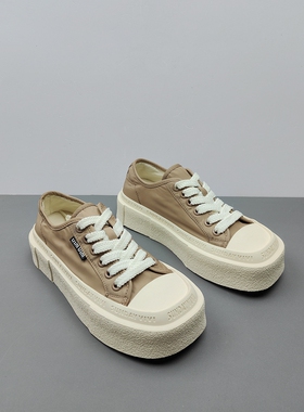 2026春季厚底帆布鞋女鞋系带圆头休闲板鞋百搭增高深口单鞋35.38