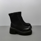 36码 黑色弹力袜靴女短筒圆头女鞋 中跟厚底增高瘦瘦靴显瘦单靴时尚