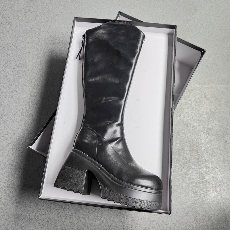 厚底显瘦增高长筒靴高筒粗跟黑色