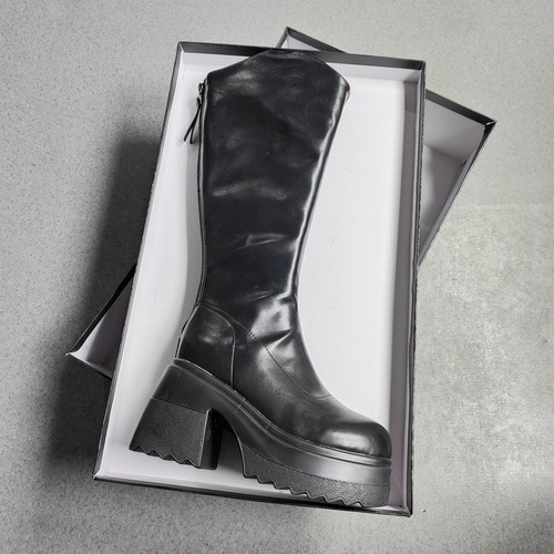 厚底显瘦增高长筒靴高筒粗跟黑色