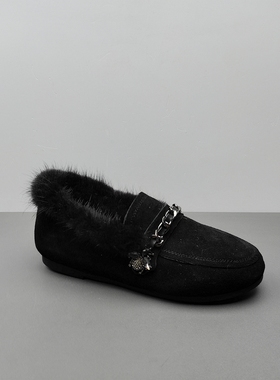 25春季真皮乐福鞋女鞋英伦低跟懒人鞋平底毛口黑色豆豆鞋勃肯鞋